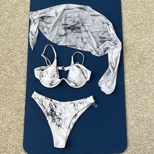 New Bikini with beach skirt , white w/ black grey shadows